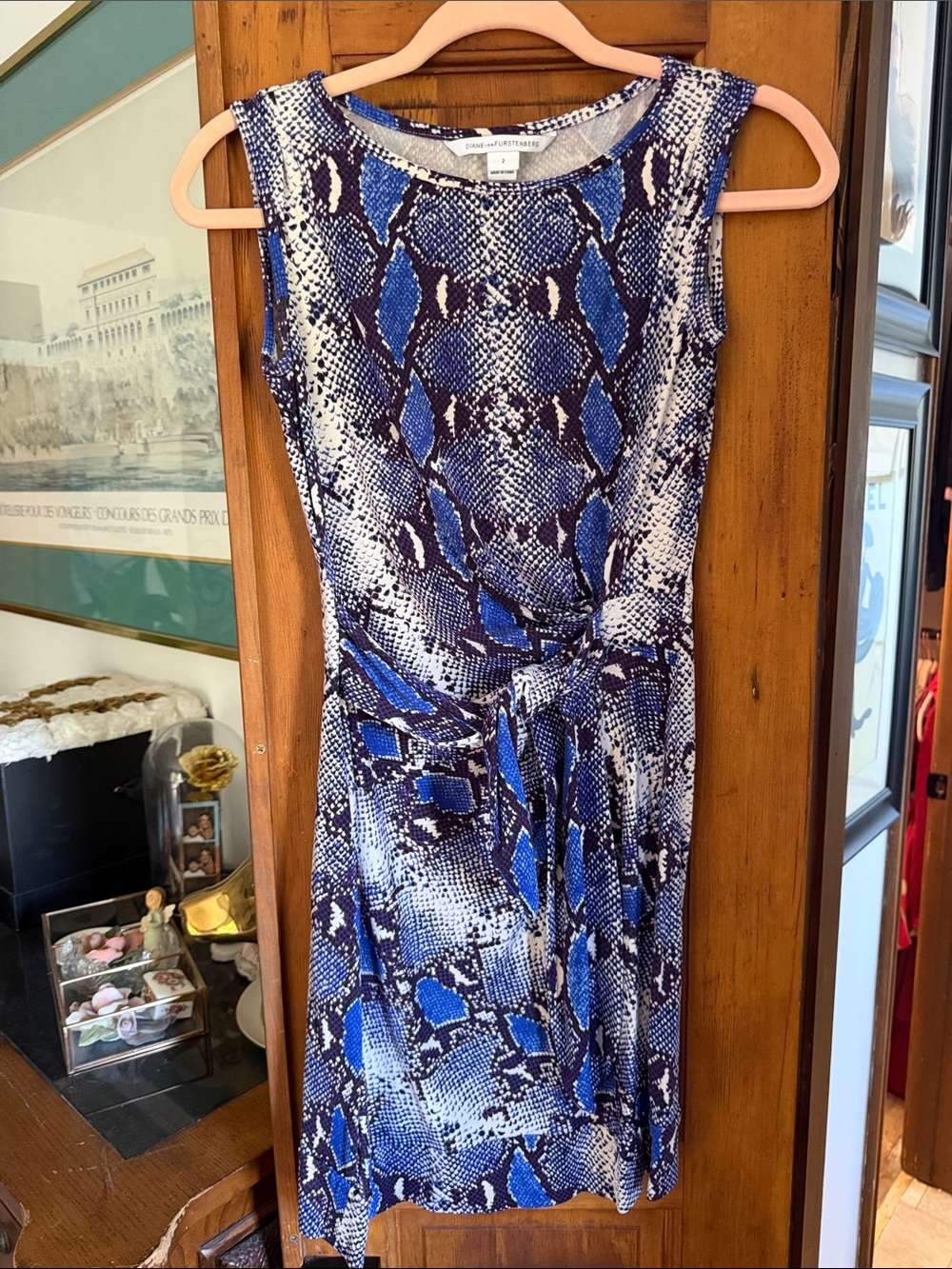 Diane Von Furstenberg Blue and White Snake-Print Tie-Waist Midi Dress